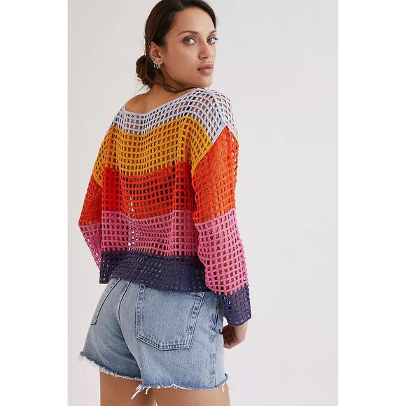 Anthropologie Maeve Crochet Long Sleeve OS Top/ Beach Cover Rainbow Boho Relaxed - Picture 2 of 10